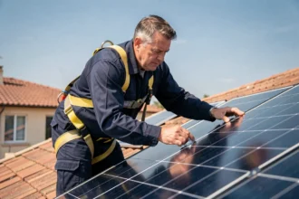 Technicien installant un panneau solaire monocristallin sur un toit de maison individuelle