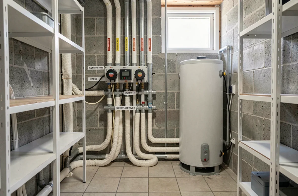 Installation d'une pompe à chaleur basse température avec collecteur de plancher chauffant et ballon tampon dans une chaufferie domestique