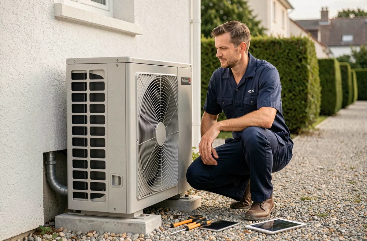 Technicien installant une unité extérieure de pompe à chaleur air air sur une façade de maison française