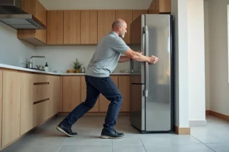 Technicien installant un grand réfrigérateur en acier inoxydable sur un carrelage de cuisine, illustrant le poids d'un frigo et la résistance du sol
