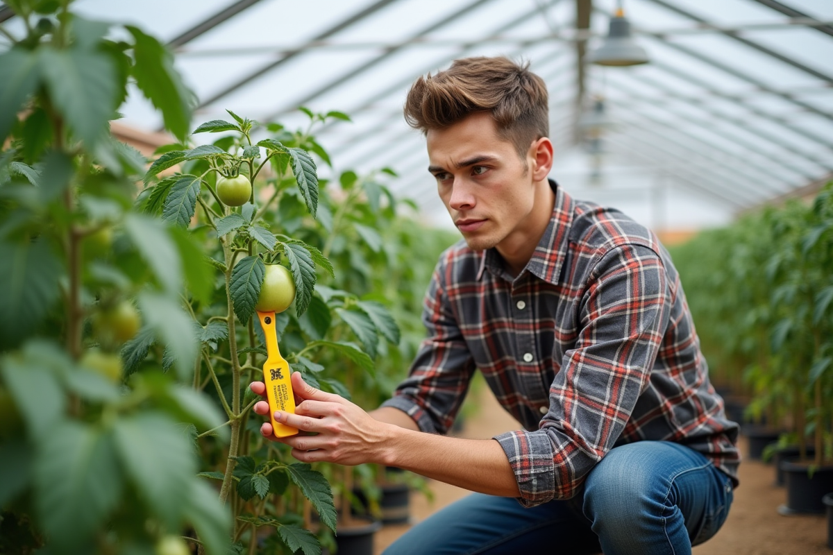 Jeune homme posant des trappes à insectes dans une serre