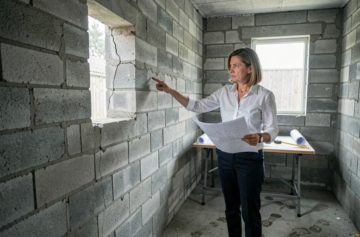 Architecte identifiant des erreurs de conception dans un garage parpaing de 20m2 avec fissures visibles sur les murs intérieurs