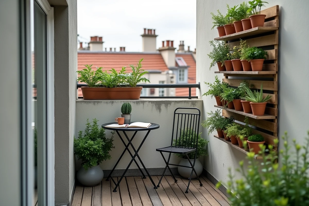 Jardin vertical sur palette dans un coin de terrasse urbaine avec table bistrot et plantes grasses