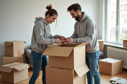 Jeune couple en train d'emballer des cartons dans un appartement moderne