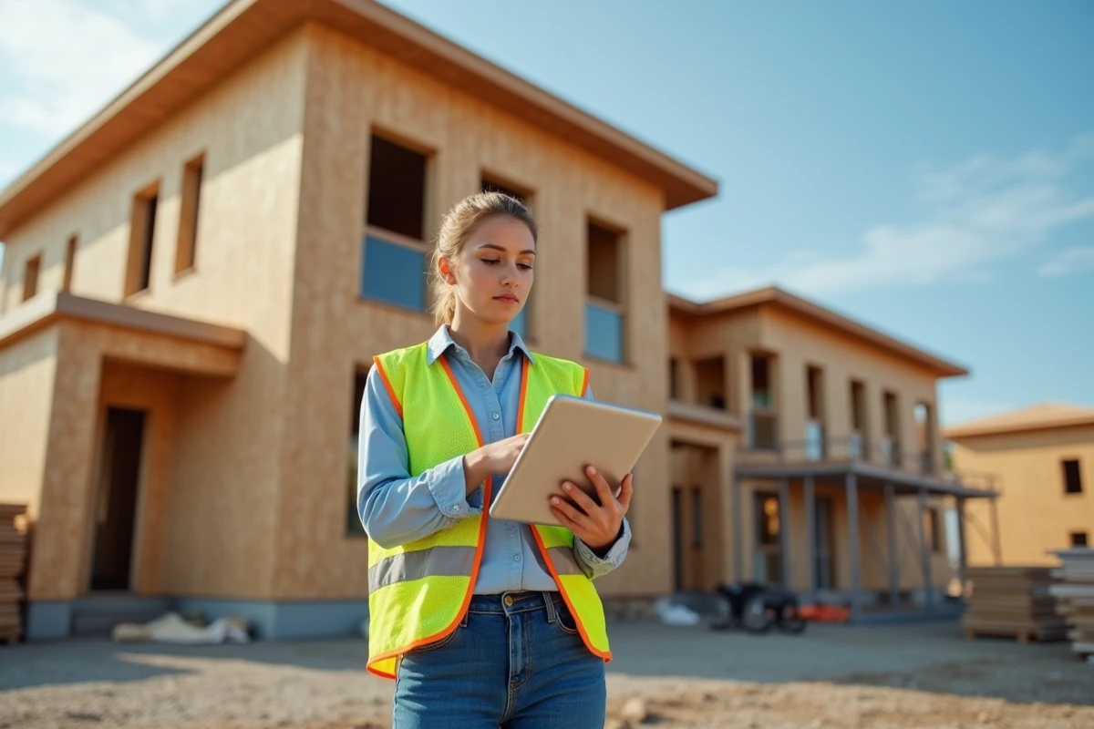 Jeune femme utilisant une tablette devant une maison en construction