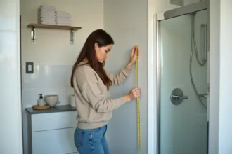 Jeune femme mesurant une cabine de douche moderne