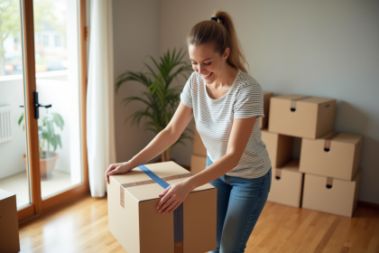 Jeune femme souriante emballant une boîte en carton dans un salon lumineux
