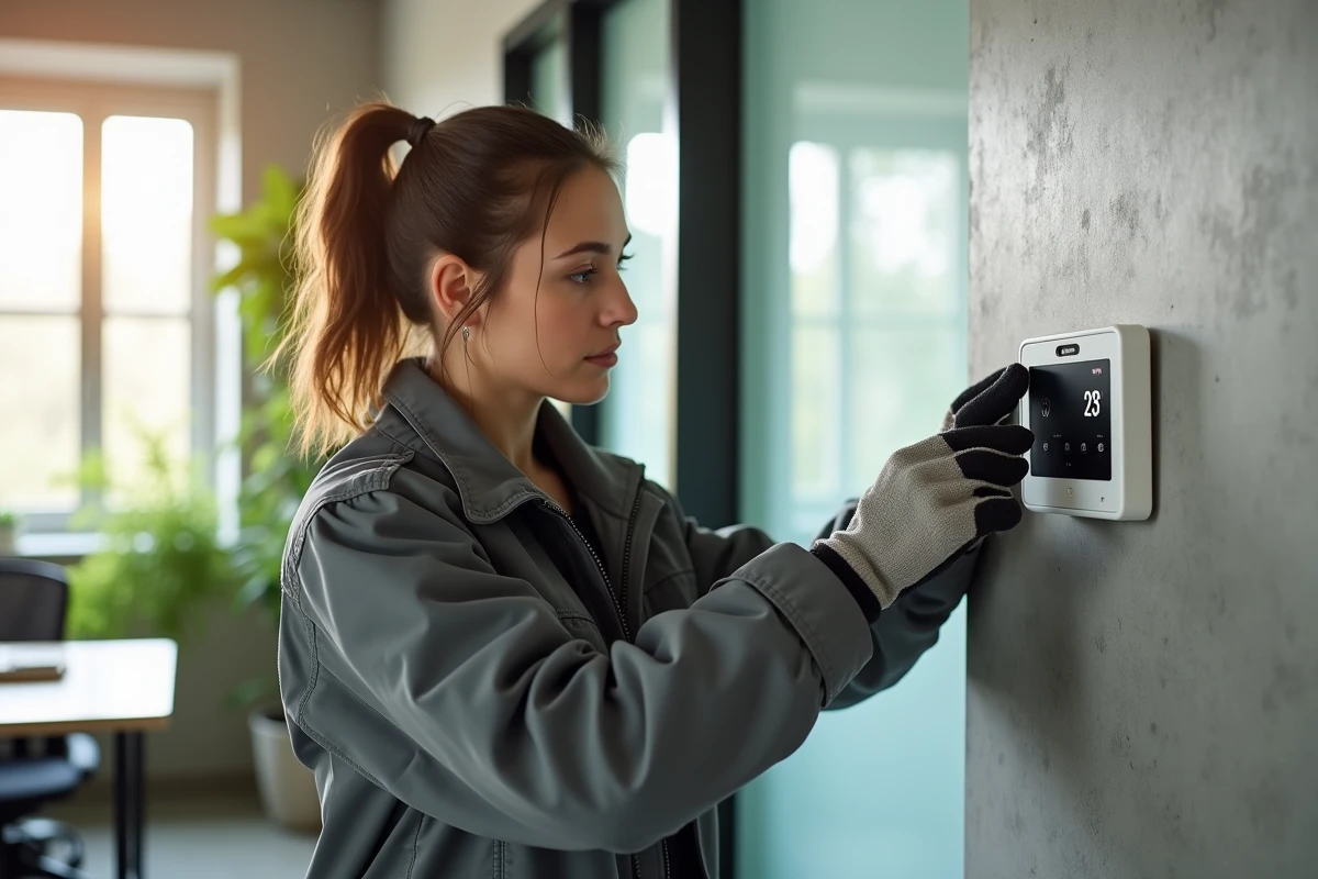 Jeune femme électricienne installant un thermostat dans un bureau lumineux