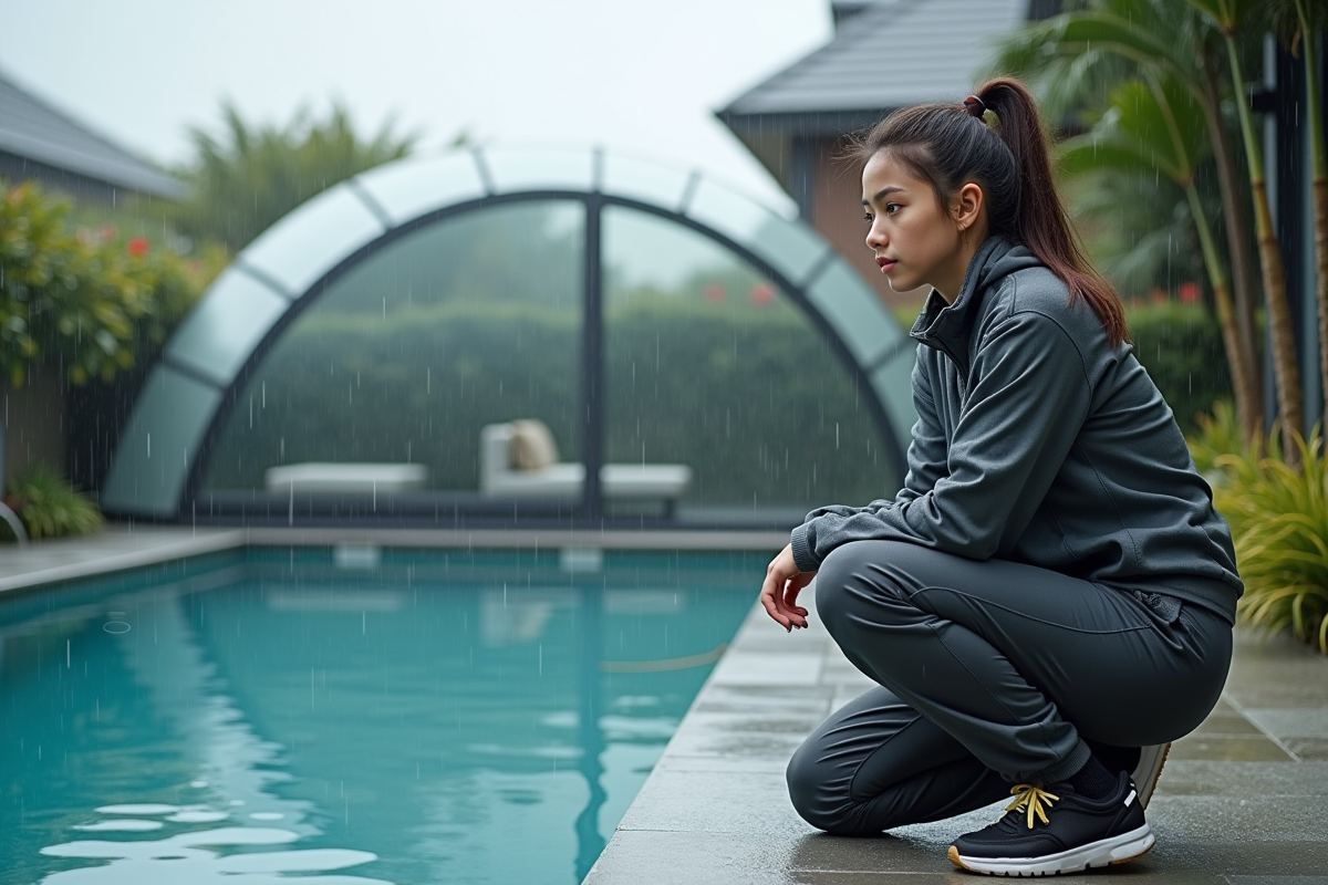Jeune femme vérifie un dôme de piscine moderne