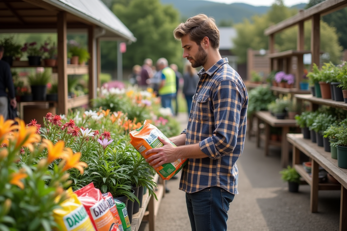 Jeune homme choisissant fertilisants dans un centre de jardinage