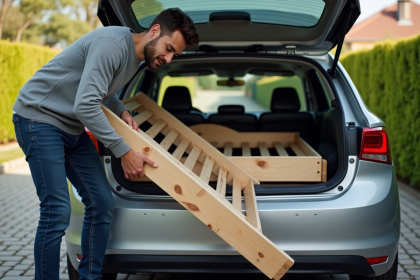 Jeune homme chargeant un lit en bois dans une voiture