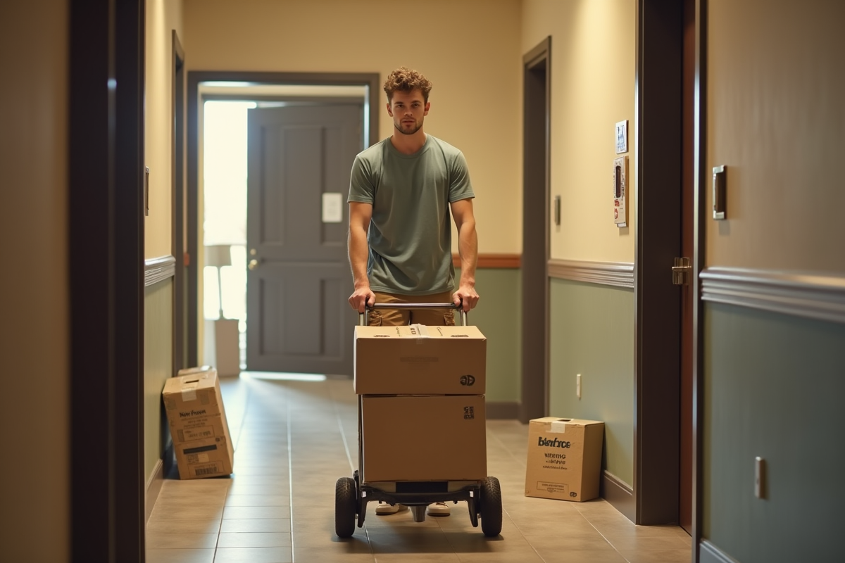 Jeune homme poussant un chariot avec des cartons dans un couloir d