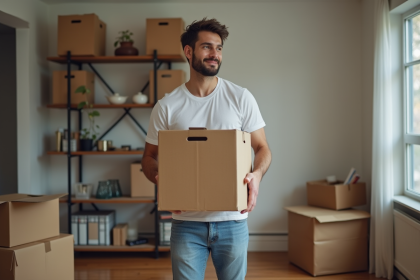 Jeune homme portant une boîte dans un appartement moderne