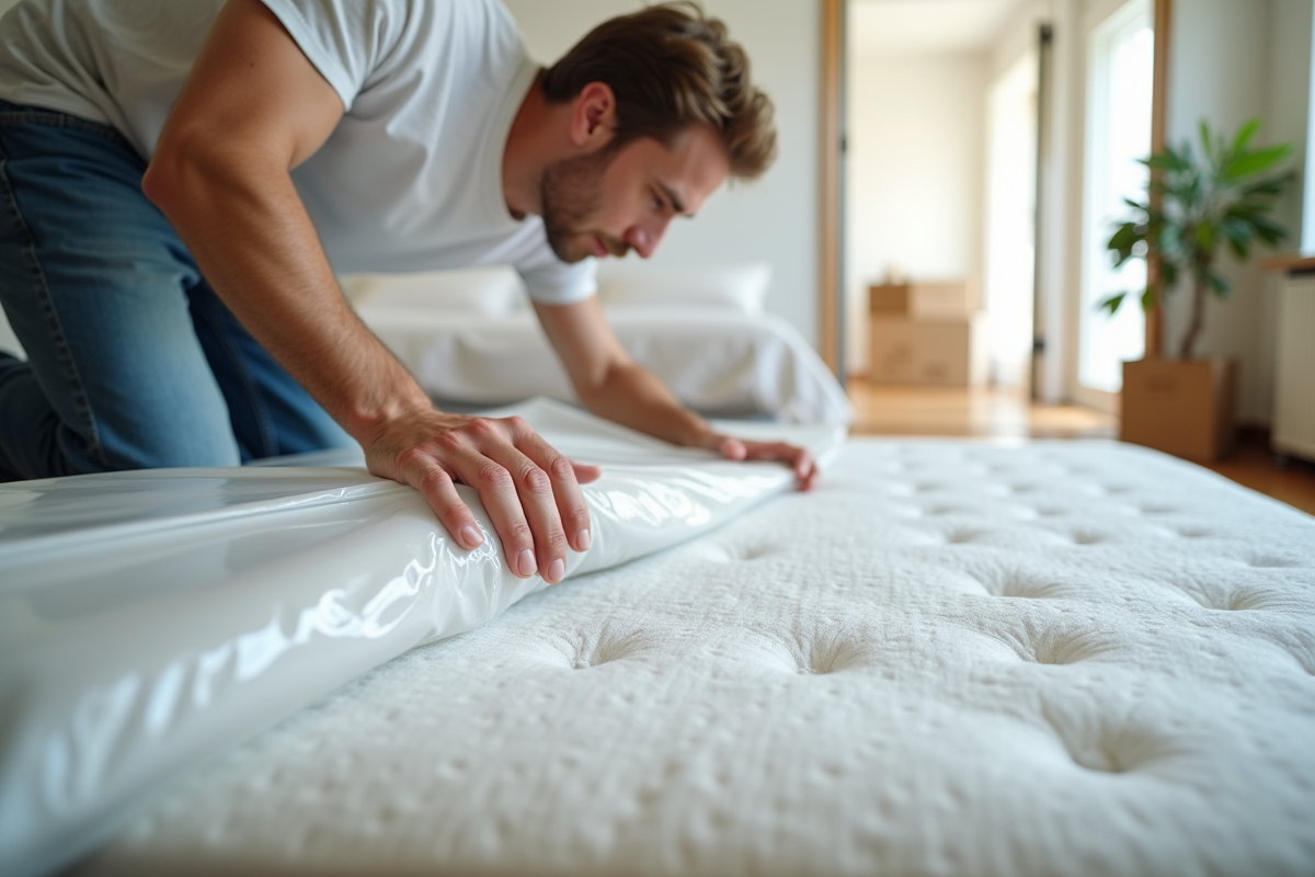 Jeune homme en train d'emballer un matelas dans un appartement lumineux