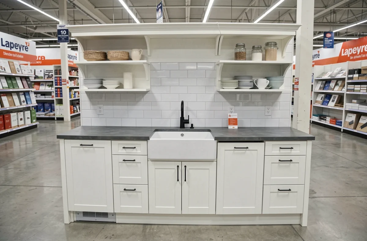 Cuisine Shaker blanche exposée dans un magasin Lapeyre