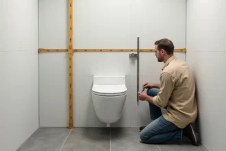 Plombier mesurant la largeur d'un WC suspendu par rapport aux cloisons dans une salle de bain moderne en carrelage gris