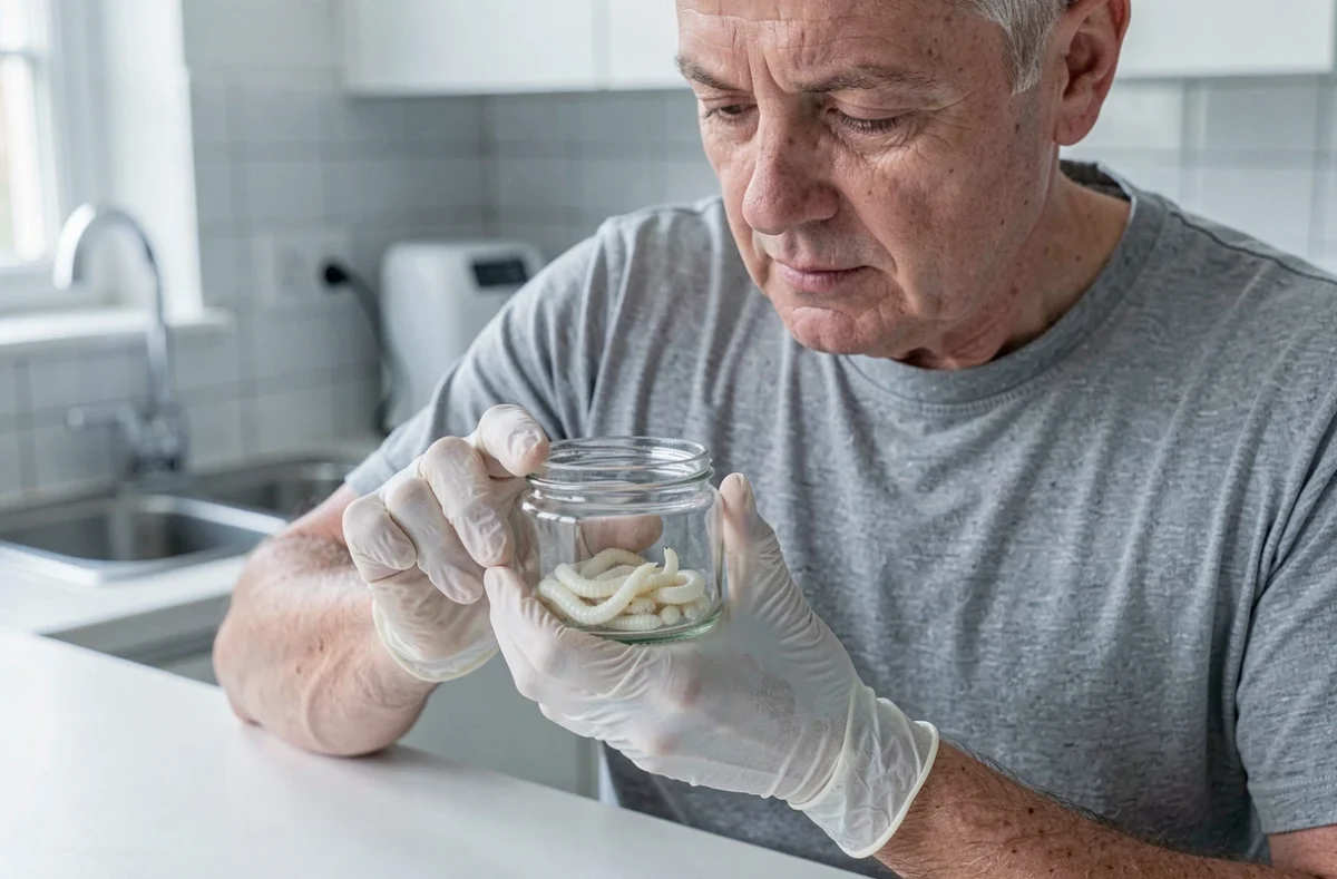 Personne avec gant en latex tenant un bocal en verre contenant des larves blanches dans une cuisine