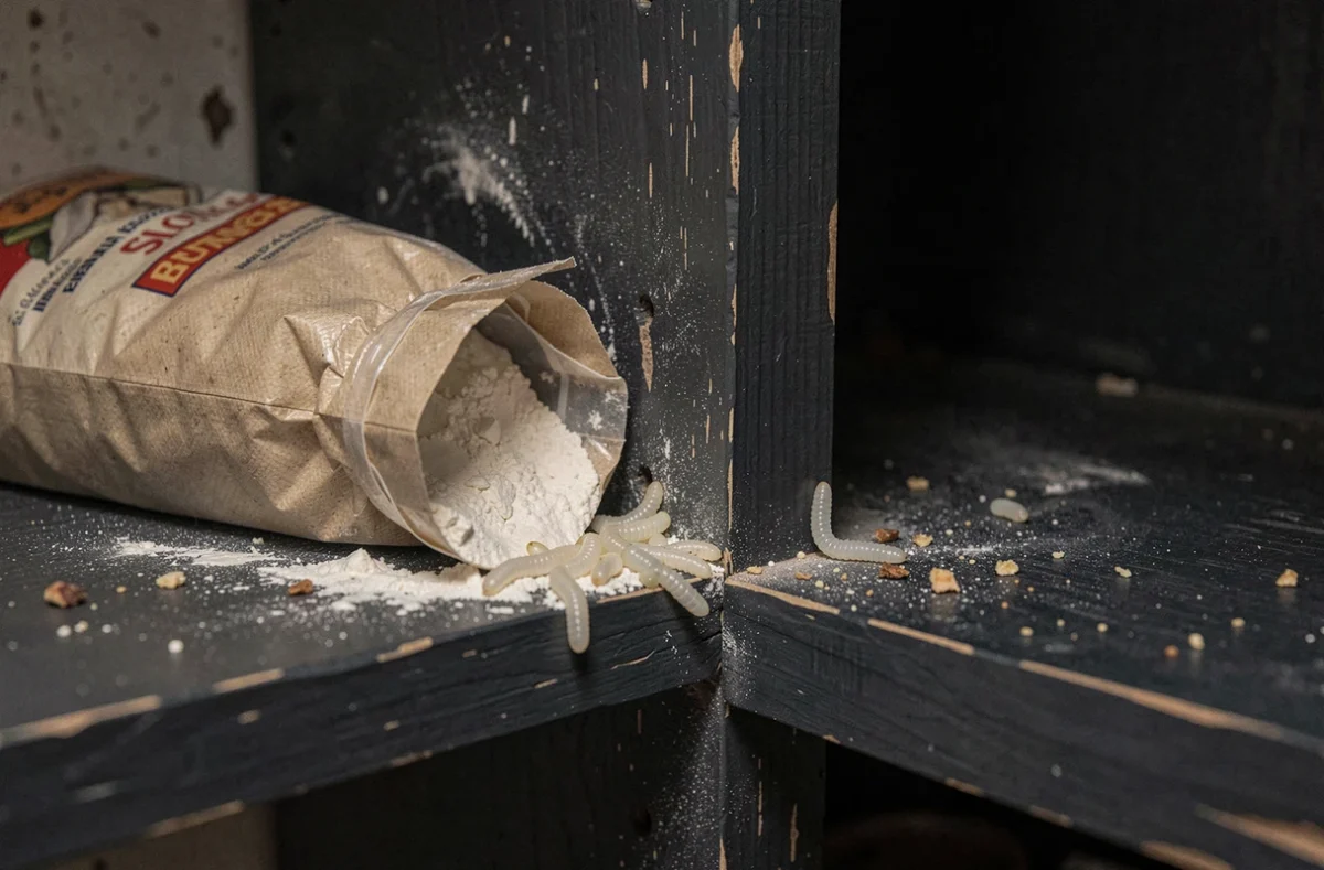 Larves blanches dans un placard à provisions près d'un sac de farine ouvert, vue réaliste