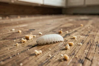 Larves blanches minuscules sur un plancher en bois de cuisine, vue macro réaliste