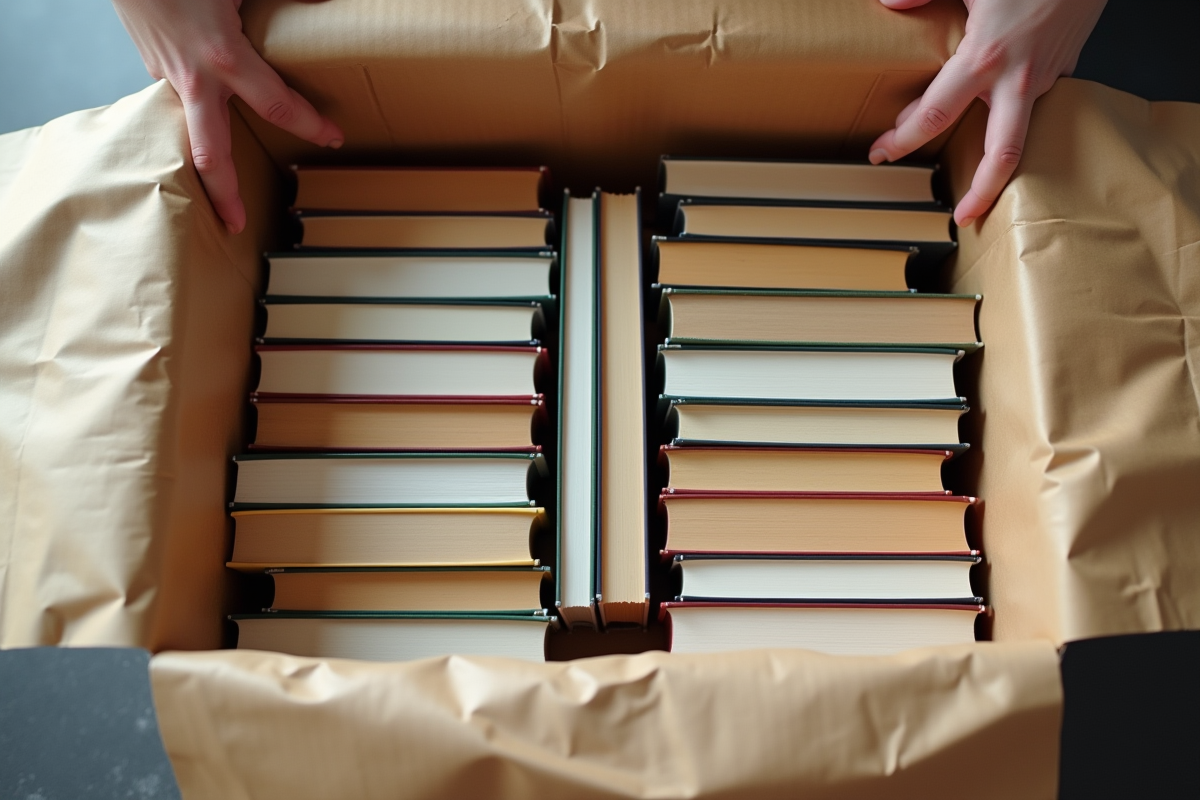 Main plaçant un livre dans une boîte remplie de livres emballés