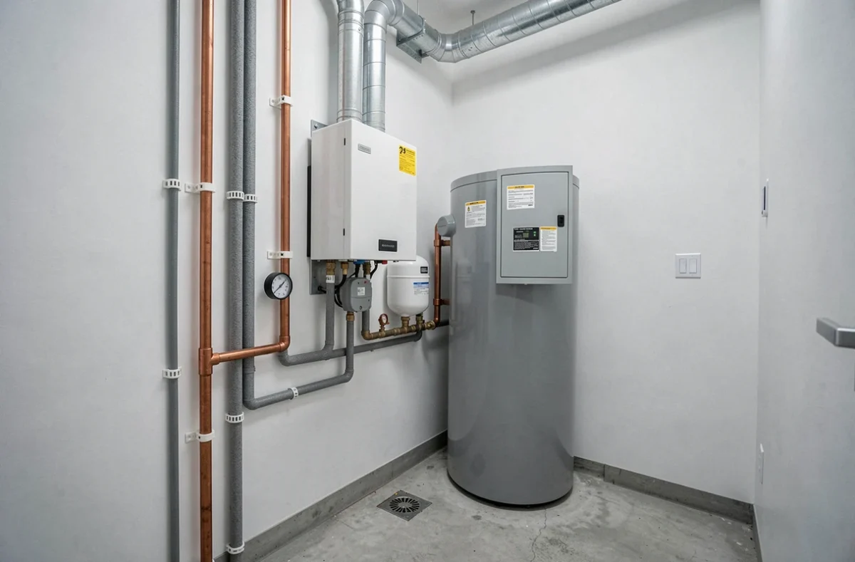Local technique intérieur avec unité hydraulique de pompe à chaleur Nibe F2120 et tuyauterie cuivre