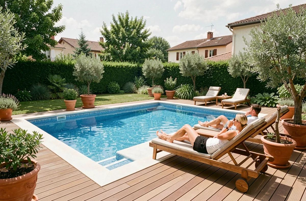 Piscine de luxe réalisée par Lyon Est Piscines avec terrasse bois et végétation méditerranéenne