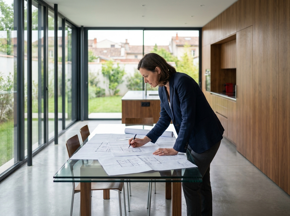 Intérieur contemporain design d'une maison moderne à Toulouse avec sol en béton poli et grandes baies vitrées sur jardin