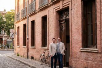 Couple devant une maison traditionnelle en briques roses toulousaines avec balcon en fer forgé et volets en bois