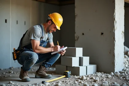 Maçon en pleine construction dans une cave en béton