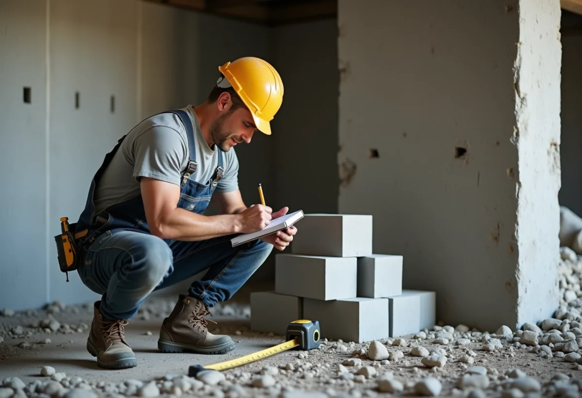 Maçon en pleine construction dans une cave en béton