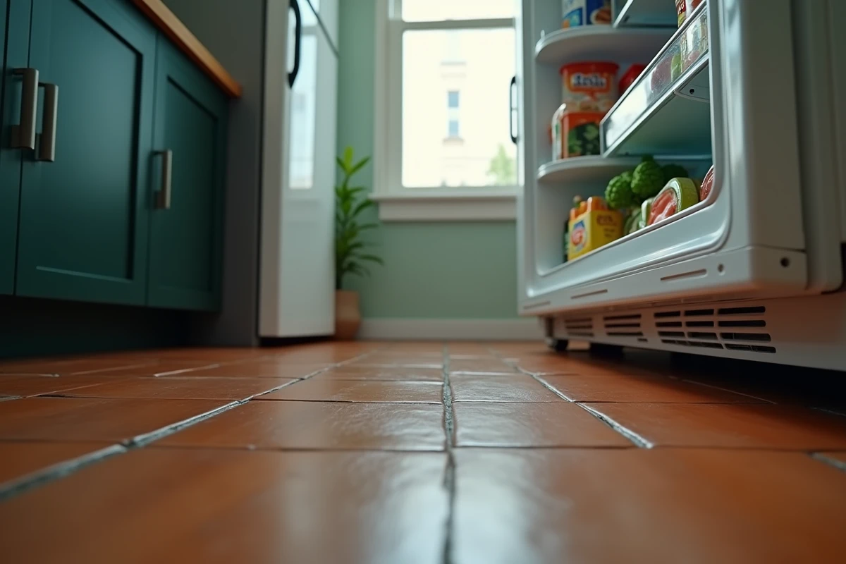 Marque de compression laissée par les pieds d'un réfrigérateur sur un sol en vinyle dans une cuisine d'appartement