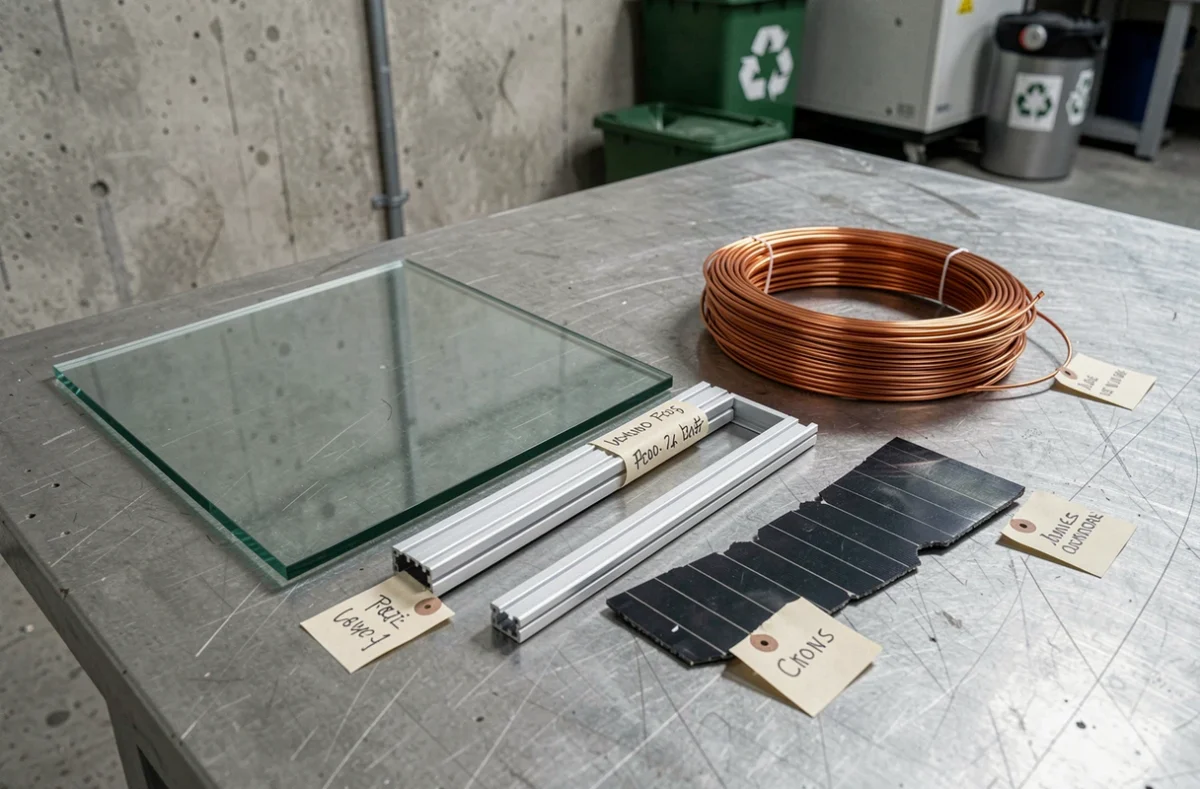 Matériaux recyclables issus de panneaux solaires démontés : verre, aluminium, silicium et cuivre sur établi