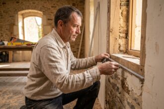 Menuisier mesurant un cadre de fenêtre en bois dans une maison en rénovation au Mans