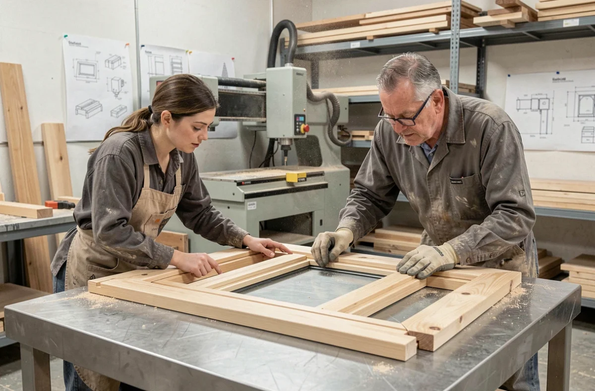 Deux menuisiers professionnels inspectant un cadre de fenêtre en bois dans un atelier de menuiserie moderne