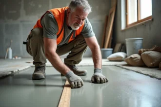 Ouvrier du bâtiment mesurant l'épaisseur d'une chape mince avec une règle sur un sol en béton frais dans un appartement en chantier