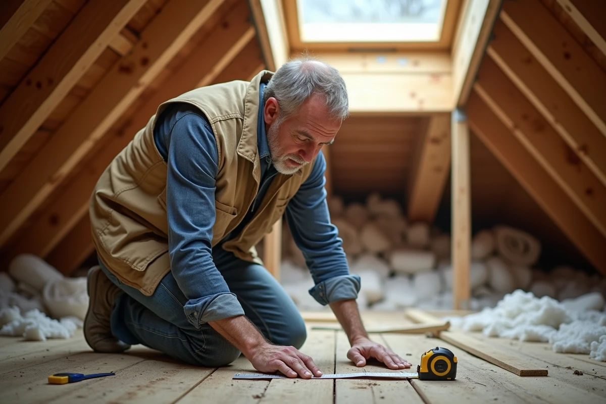 Artisan mesurant l'ouverture d'une fenêtre de toit dans une mansarde en cours de rénovation pour optimiser le budget travaux