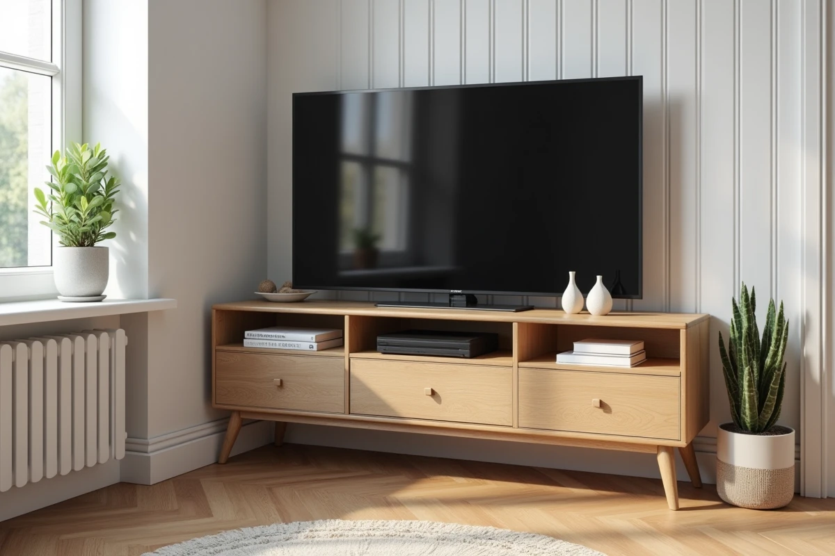 Meuble télévision d'angle style scandinave en chêne clair avec grand écran dans un petit appartement