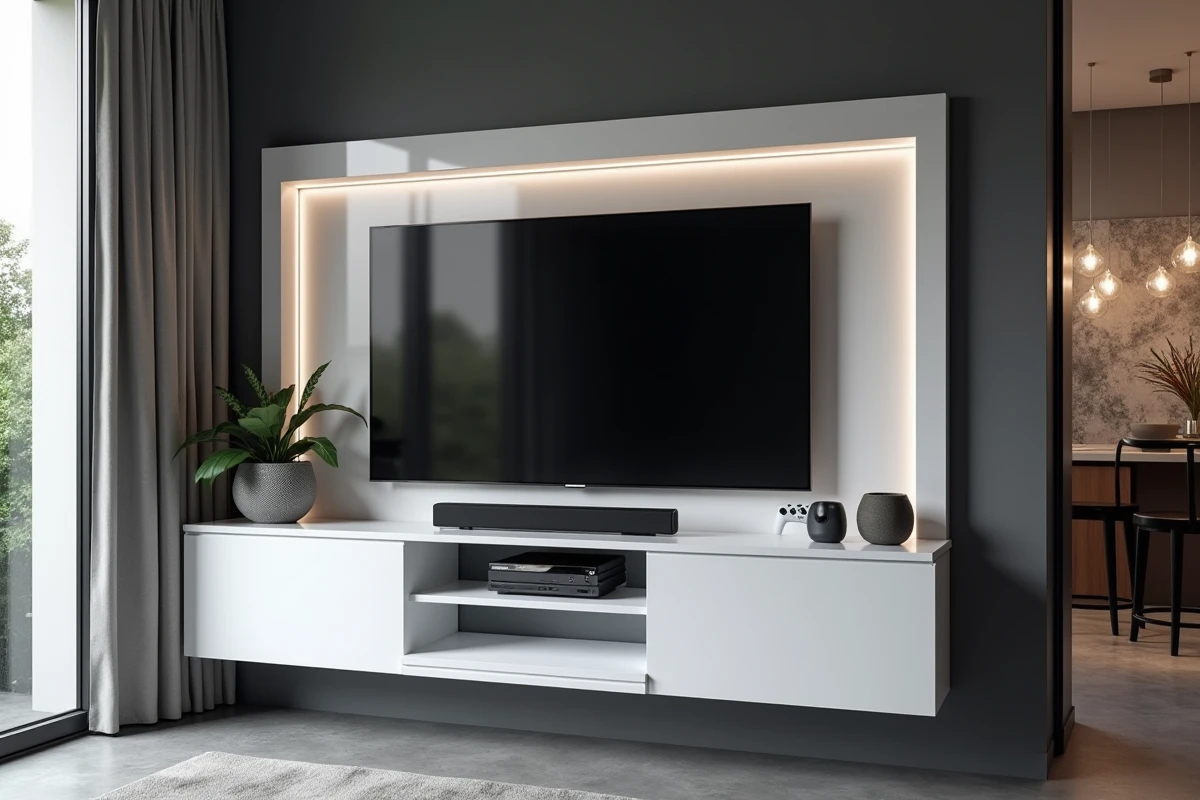 Meuble TV d'angle design laqué blanc suspendu avec grand écran 75 pouces dans salon moderne