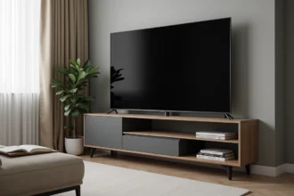 Meuble TV d'angle moderne en MDF anthracite avec grand écran plat dans un salon compact urbain