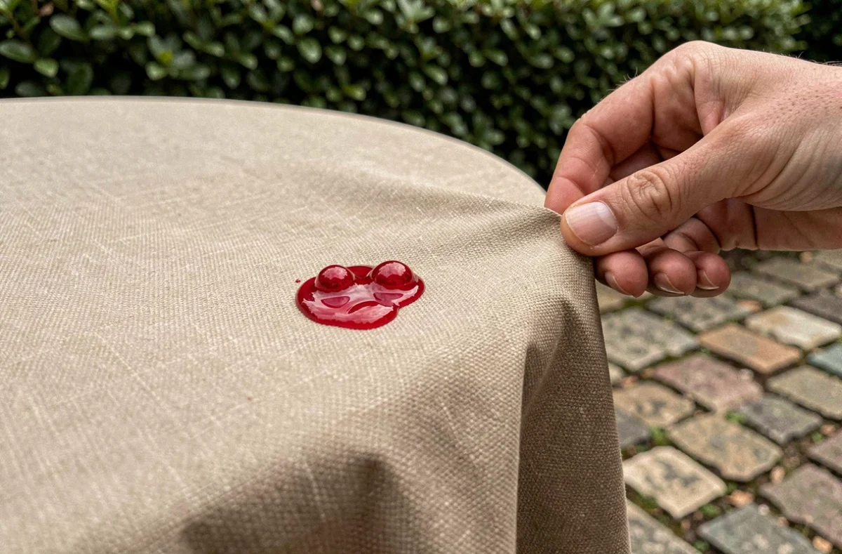 Gros plan de gouttelettes de vin rouge perlant sur une nappe anti-tache infroissable beige en extérieur