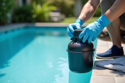 Personne retirant une cellule de sel piscine avec précaution