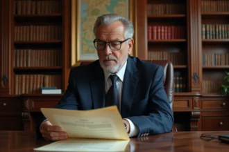 Notaire examinant un acte de propriété dans son bureau avec des étagères juridiques en arrière-plan