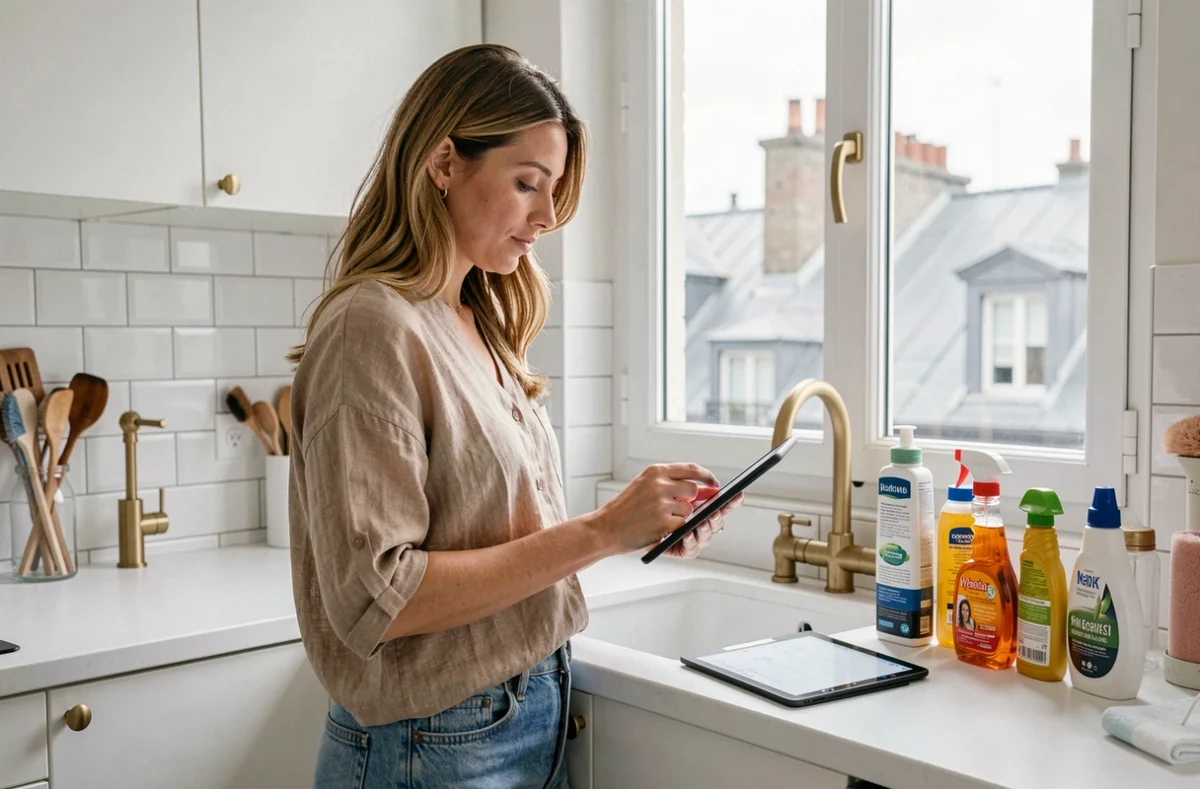 Femme organisant un service de ménage à domicile sur tablette dans une cuisine parisienne moderne