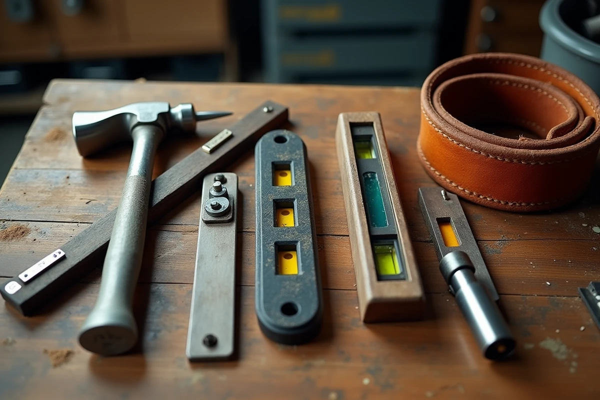 Sélection d'outils de bricolage professionnels soigneusement disposés sur une surface en bois brut dans un atelier de garage