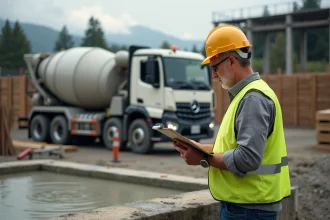 Ouvrier de construction avec casque et gilet haute visibilité à côté d'une dalle de béton