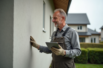 Ouvrier en travaux examinant une façade de maison moderne