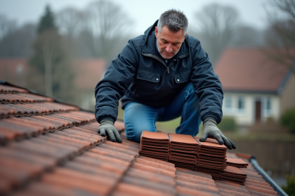 Couvreur middleaged examinant des tuiles sur un toit résidentiel