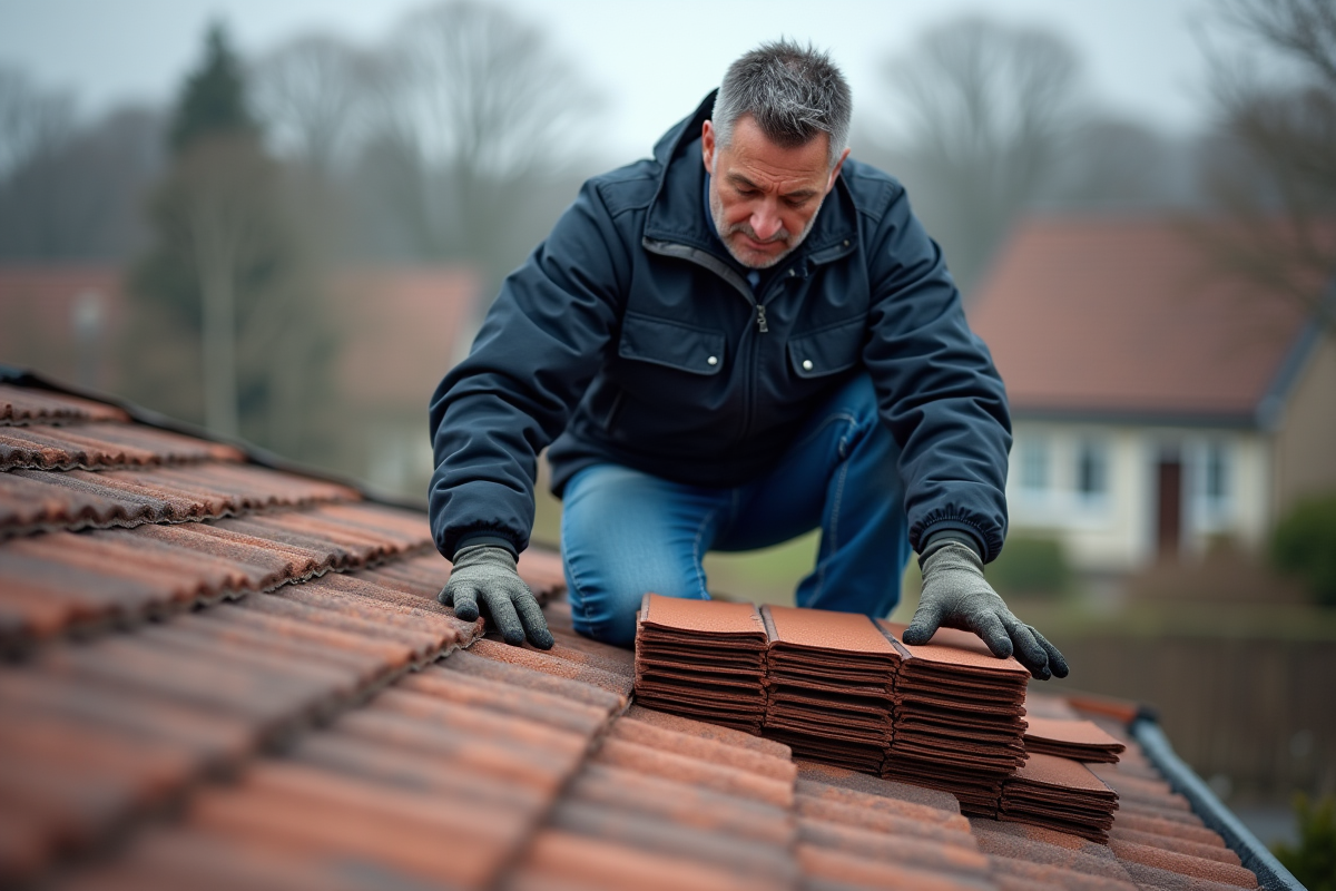 Couvreur middleaged examinant des tuiles sur un toit résidentiel