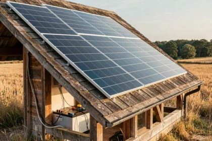 Panneau solaire monocristallin 100W installé sur le toit d'un chalet en bois pour recharger une batterie 12V 100Ah