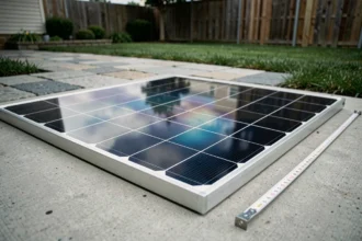 Panneau solaire monocristallin 450W posé sur un patio en béton avec mètre ruban pour mesure, vue en plongée 3/4